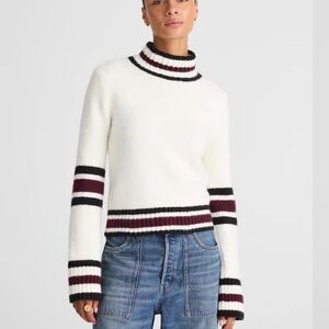 Madewell Cream Turtleneck Sweater with Black and Burgundy Stripes medium